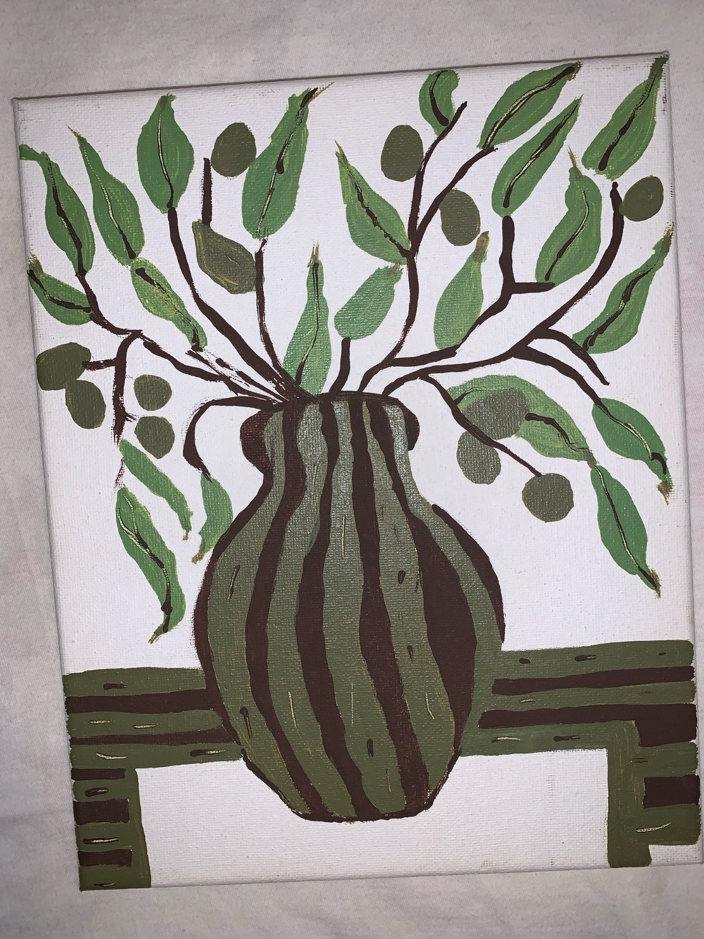 Green and Brown Striped Vase Wall Art Canvas -Home Wall Decor